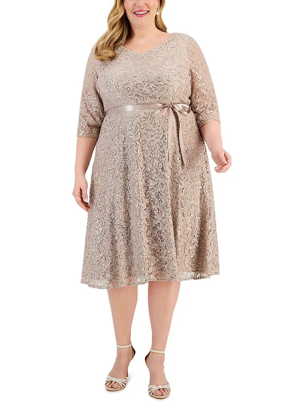 Plus Womens Lace overlay Sequin Fit & Flare Dress Pink Sequin Dress