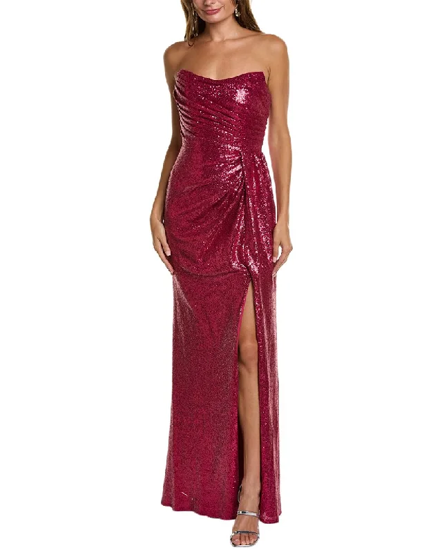 Rene Ruiz Strapless Sequin Draped Gown Silver Glitter Sequin