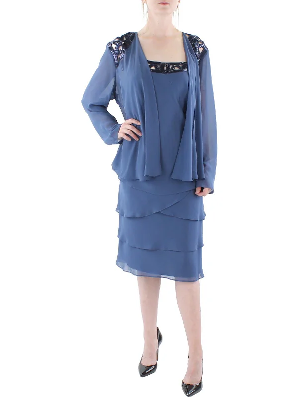 Womens Chiffon Sequined Dress With Jacket Glitter Sequin Dress