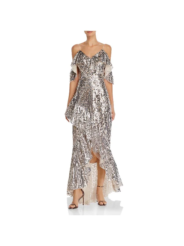 Womens Mesh Sequined Evening Dress Silver Sequin Dress