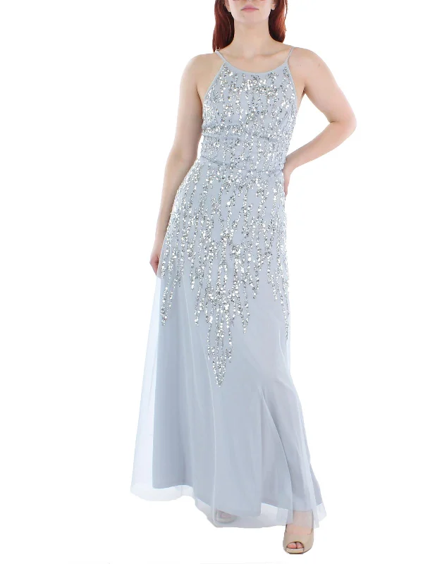 Womens Sequined High Neck Evening Dress Ruched Sequin Dress